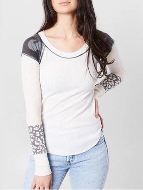 We the Free Cream Long Sleeve Thermal Top with Gray Accent